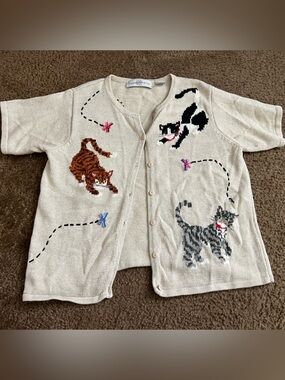 Marisa Christina Cats Short Sleeve Cardigan Sweater Knit Linen Cotton Womens